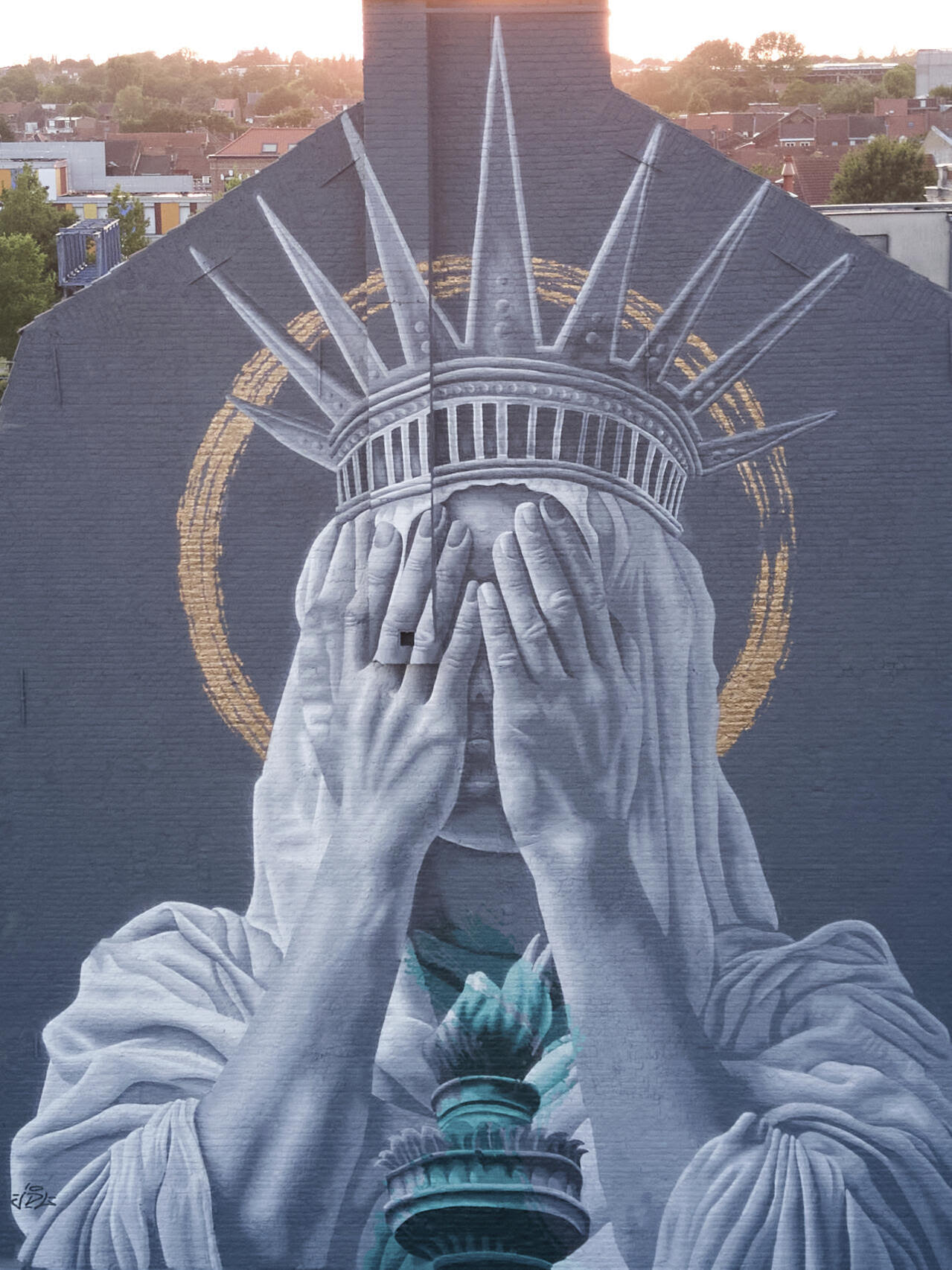 France mural Lady Liberty ashamed
